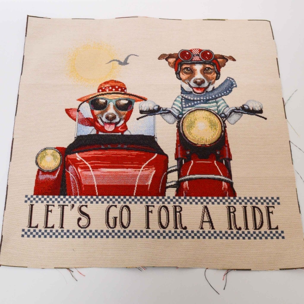 Hunde Sommer Urlaub Let's go for a ride Ausflug Hunde Motorrad mit Soziussitz Hund Gobi Panel Gobelin Kissen Panel rot Gobelin Panel Gobelin Kissen