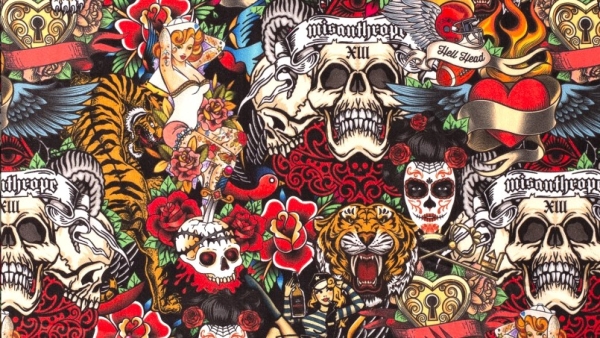 Samt Totenkopf Samtstoff Dekostoff mit Totenköpfen, Tiger und Pin Ups Samtstoff Polstersamt mit Totenkopf Día de Muertos Möbelstoff mit Skulls Pin Ups Rose  Polsterstoff Samtstoff Möbelbezugsstoff