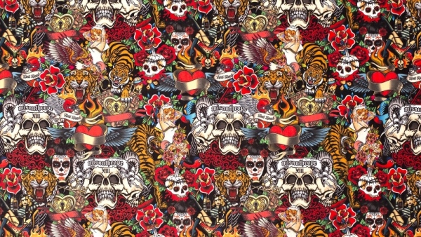 01622/069 Samt Totenkopf Samtstoff Dekostoff mit Totenköpfen, Tiger und Pin Ups Samtstoff Polstersamt mit Totenkopf Día de Muertos Möbelstoff mit Skulls Pin Ups Rose  Polsterstoff Samtstoff Möbelbezugsstoff