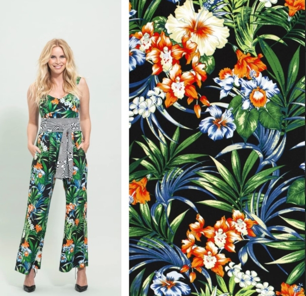 Viskose  Twill Twill Viskose mit exotischen Blumen Viskose Blümchen Blumen Viskose Twill