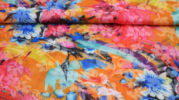 Noteboom 15225-037 Blumen Voile orange Voile mit Blüten in mint Blumenkrepp Kreppstoff abstrakt mit Blumen Polyesterkrepp Polyester Krepp orange nähen selber nähen Blusenstoff nähen macht glücklich Miss Doodle Schnittmuster sewing pattern