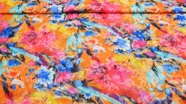 Noteboom 15225-037 Blumen Voile orange Voile mit Blüten in mint Blumenkrepp Kreppstoff abstrakt mit Blumen Polyesterkrepp Polyester Krepp orange nähen selber nähen Blusenstoff nähen macht glücklich Miss Doodle Schnittmuster sewing pattern