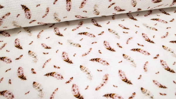 Mini Waffel Jersey Waffeljersey Waffelstoff Waffelpiket Piquet Mini Waffel mit Feder Federn Feathers Miniwaffelstoff für Babys Babykleidung Waffelpiket Babynestchen Snoozy Fabrics   Feder Federn Feathers