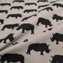 1340-Nashorn Baumwolle Leinenoptik Nashörn Nashörner Half Panama Halbpanama Nashornstoff  Stoff mit Nashörnern schwarze Nashorn schwarz Dekostoff Afrika Stoff